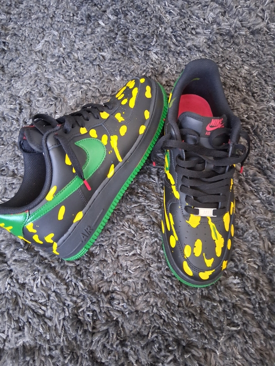 Nike Other - Nike Air Force 1 Black with Yellow Paint Splatter and Green Swoosh